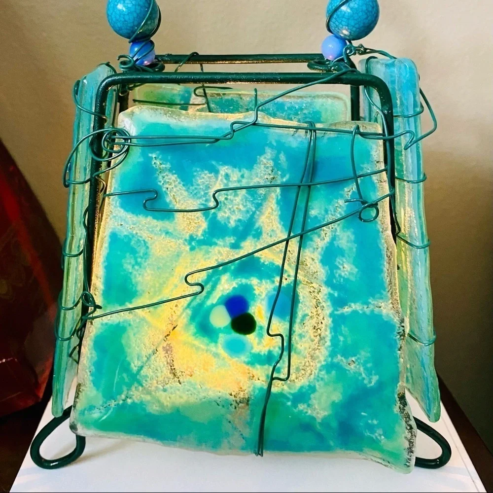 Turquoise Blown Glass  TEA CANDLE HOLDER